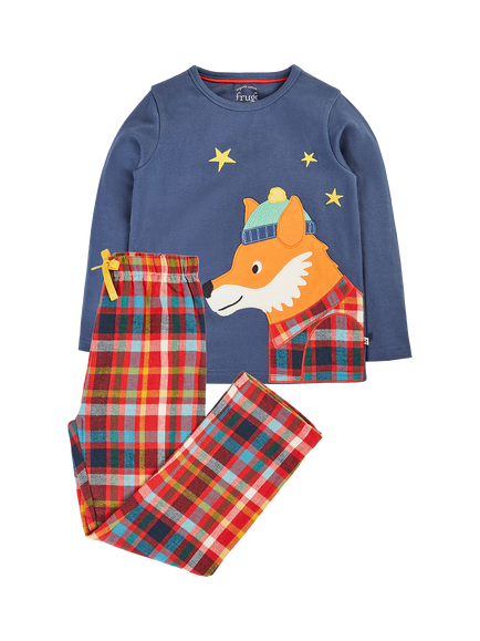 Frugi Kids' Caden Long Sleeve Applique Pyjama Set, Festive Check/Fox, Festive Check/Fox