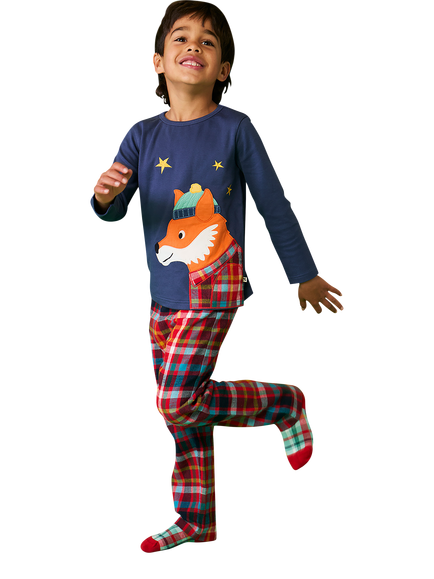 Frugi Kids' Caden Long Sleeve Applique Pyjama Set, Festive Check/Fox - view 2, Festive Check/Fox
