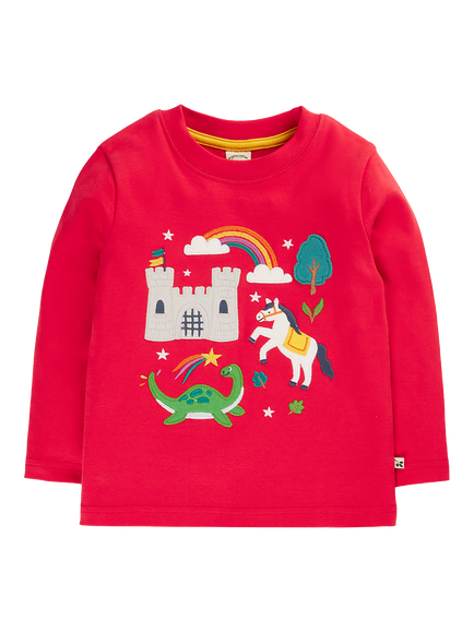 Frugi Kids' Long Sleeve Adventure Applique Top, Scarlet/Multi, Scarlet/Multi