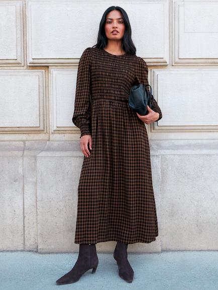 Ro&Zo Gingham Smocked Dress, Brown, Brown