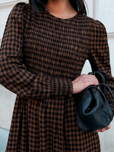Ro&Zo Gingham Smocked Dress, Brown - view 2, Brown