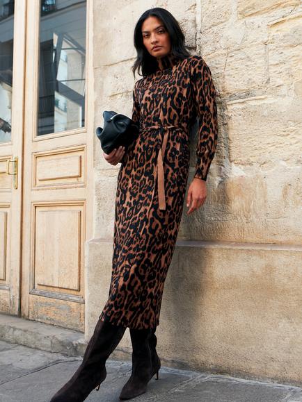 Ro&Zo Cotton Blend Long Sleeve Leopard Print Midi Dress, Multi, Multi