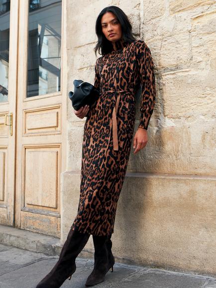 Ro&Zo Petite Cotton Blend Long Sleeve Leopard Print Midi Dress, Multi, Multi