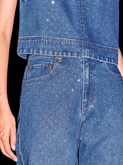 Ro&Zo Mid Rise Barrel Leg Embellished Ankle Grazer Jeans, Blue - view 2, Blue