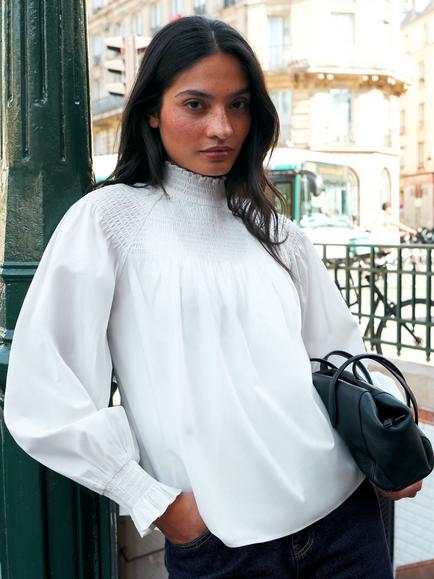 Ro&Zo Cotton Funnel Neck Blouse, White, White