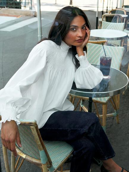 Ro&Zo Cotton Funnel Neck Blouse, White - view 2, White