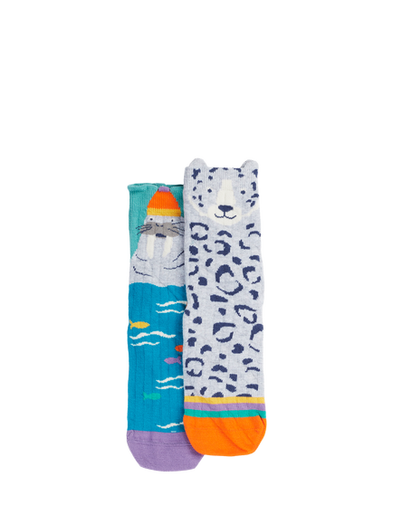 Frugi Kids' Character Socks, Pack of 2, Walrusleopardmultipk, Walrusleopardmultipk