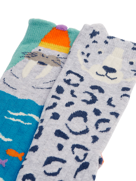 Frugi Kids' Character Socks, Pack of 2, Walrusleopardmultipk - view 2, Walrusleopardmultipk