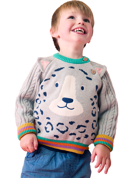 Frugi Kids' Caleb Cable Knit Jumper, Greymarl/Snowleopard - view 2, Greymarl/Snowleopard