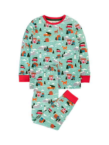 Frugi Kids' Sundown Long Sleeve Pyjama Set, Moss Winter Drives, Moss Winter Drives
