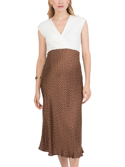 Attesa Diletta Half and Half Spotted Maternity and Nursing Dress, Brown, Brown