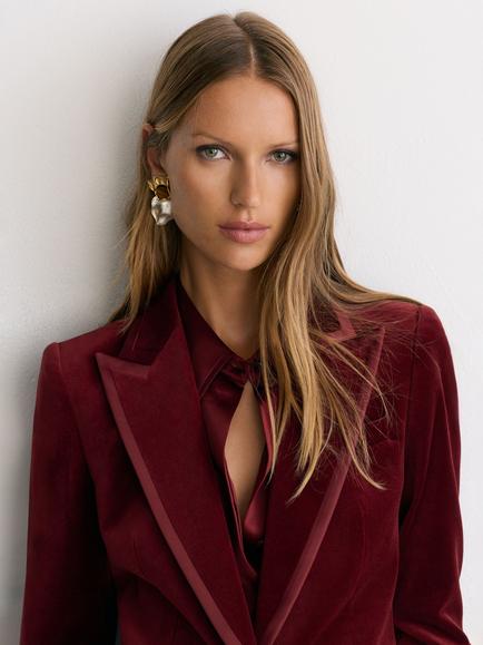 Reiss Wren Velvet Satin Trim Single Breasted Suit Blazer, Dark Red - view 2, Dark Red