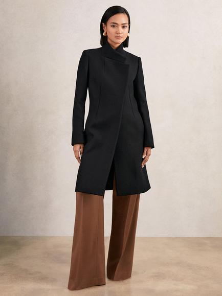 Reiss Max Wool Rich Wrap Over Mid Length Coat, Black, Black
