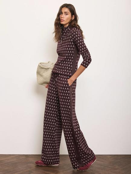 Mint Velvet Jacquard Wide Leg Trousers, Red Burgundy - view 2, Red Burgundy
