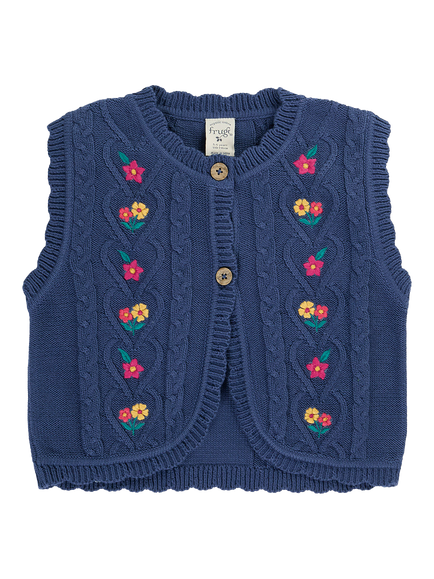 Frugi Kids' Connie Knitted Embroidered Waistcoat, Navy/Flowers, Navy/Flowers