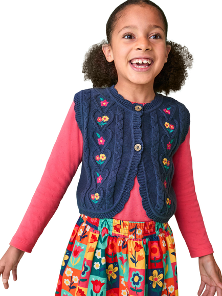 Frugi Kids' Connie Knitted Embroidered Waistcoat, Navy/Flowers - view 2, Navy/Flowers