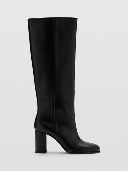 Mango Block Heel Knee High Boots, Black, Black
