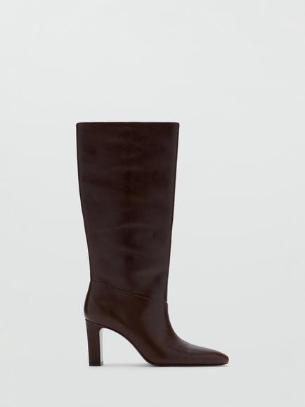 Mango Leather Block Heel Knee High Boots, Bordeaux, Bordeaux