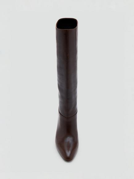 Mango Leather Block Heel Knee High Boots, Bordeaux - view 2, Bordeaux