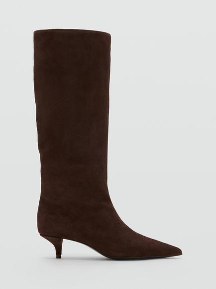 Mango Leather Pointed Toe Kitten Heel Knee High Boots, Chocolate, Chocolate