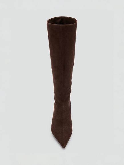 Mango Leather Pointed Toe Kitten Heel Knee High Boots, Chocolate - view 2, Chocolate