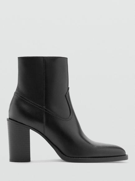 Mango Aurora Leather Point Toe Block Heel Ankle Boots, Black, Black