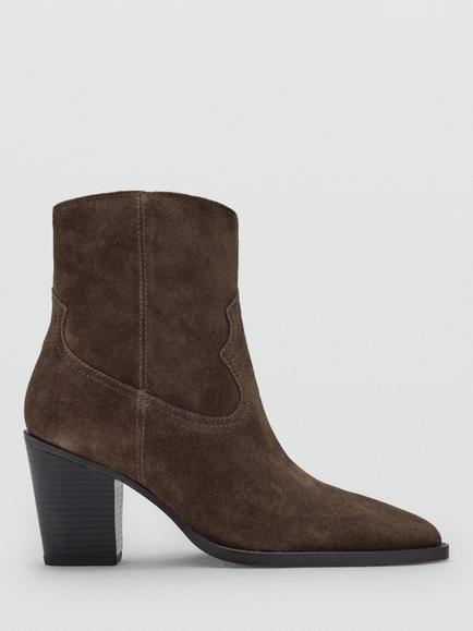 Mango Suede Block Heel Western Ankle Boots, Chocolate, Chocolate