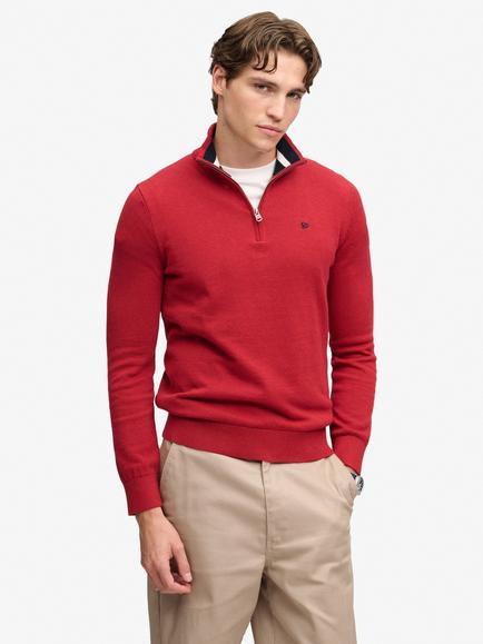 Superdry Slim Fit  Preppy Essential Half Zip Cotton Jumper, Crimson Red Marl, Crimson Red Marl