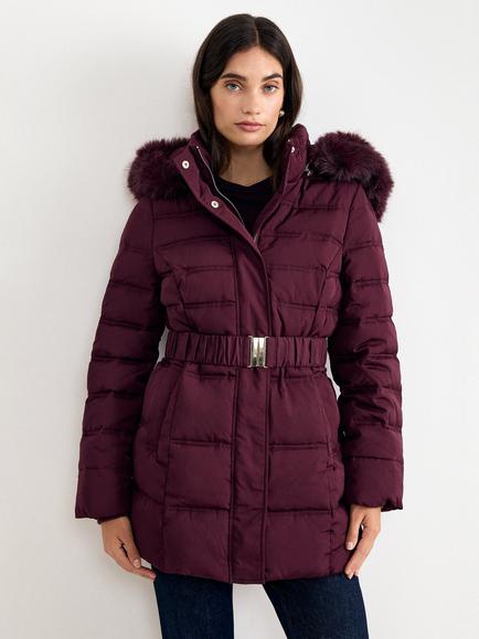 Phase Eight Dixie Short Fur Hood Puffer Coat, Burgundy, Burgundy