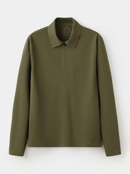 Mango Zip Neck Long Sleeve Polo Shirt, Khaki, Khaki