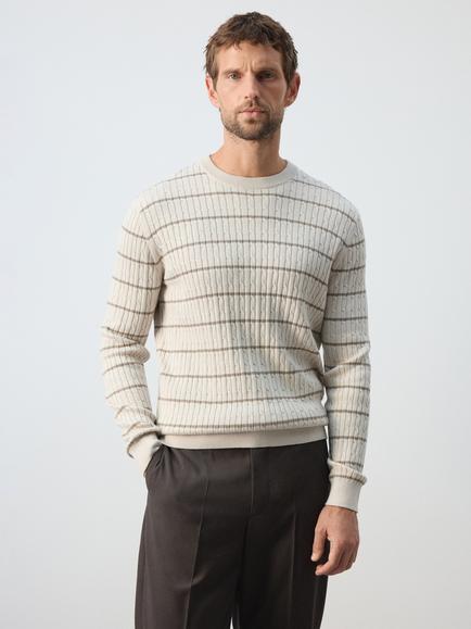 Mango Stripe Cotton Blend Jumper, Stone