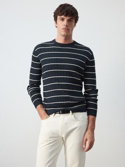 Mango Stripe Cotton Blend Jumper, Navy
