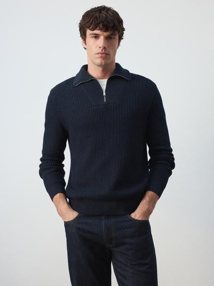 Mango Cotton Quarter-Zip Jumper, Navy, Navy