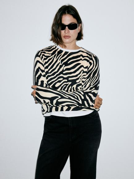 Mango Sculpted Animal Print Crew Neck Jumper, Black, Black