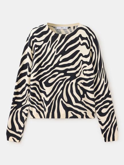 Mango Sculpted Animal Print Crew Neck Jumper, Black - view 2, Black