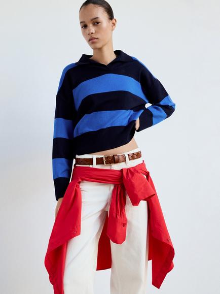 Mango Oversized Polo Neck Striped Knit Jumper, Navy
