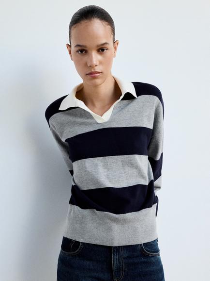 Mango Oversized Polo Neck Striped Knit Jumper, Mid Grey Melange