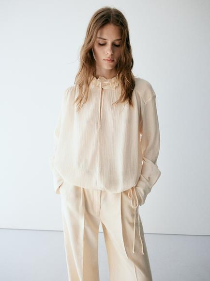 Mango Tie Neck Fluid Blouse, Raw, Raw