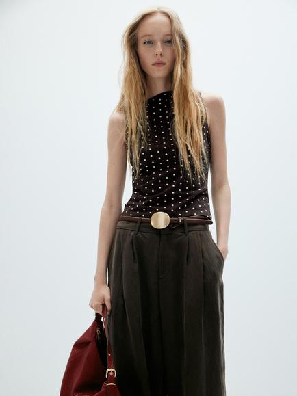 Mango Slash Neck Polka Dot Top, Brown, Brown