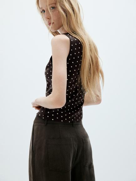 Mango Slash Neck Polka Dot Top, Brown - view 2, Brown