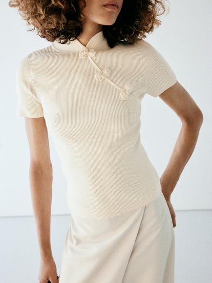 Mango Sculpted Ribbed Mandarin Collar Knit Top, Raw