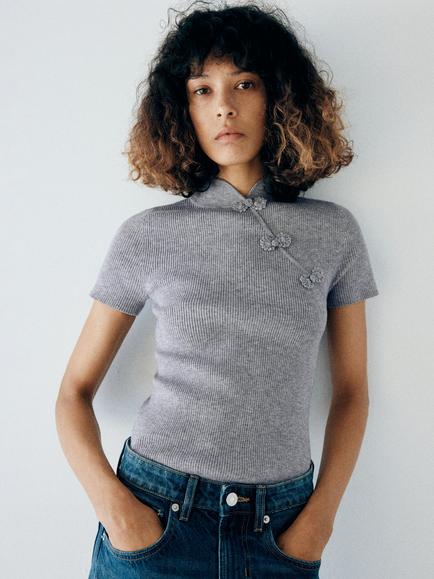 Mango Sculpted Ribbed Mandarin Collar Knit Top, Mid Grey Melange