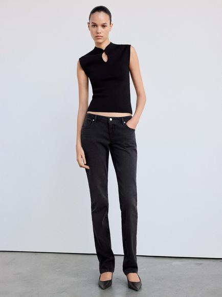 Mango Sculpted Mock Neck Sleeveless Knit Top, Black, Black