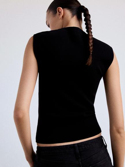 Mango Sculpted Mock Neck Sleeveless Knit Top, Black - view 2, Black