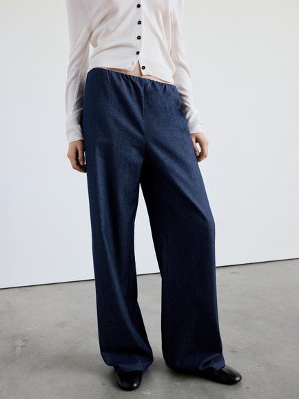 Mango Mid Rise Wide Leg Trousers, Blue, Blue