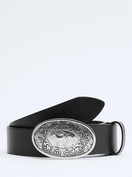 Mango Oval Buckle Leather Belt, Black, Black