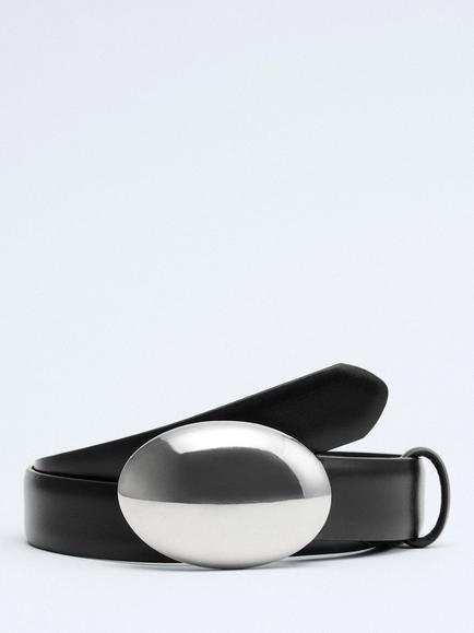 Mango Polished Oval Buckle Leather Belt, Black, Black