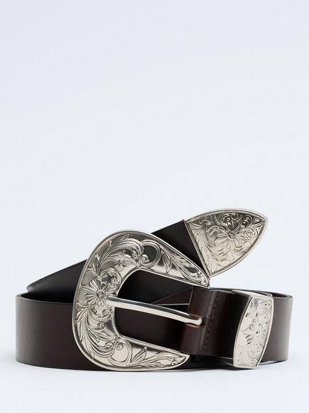 Mango Engraved Buckle Leather Belt, Chocolate, Chocolate