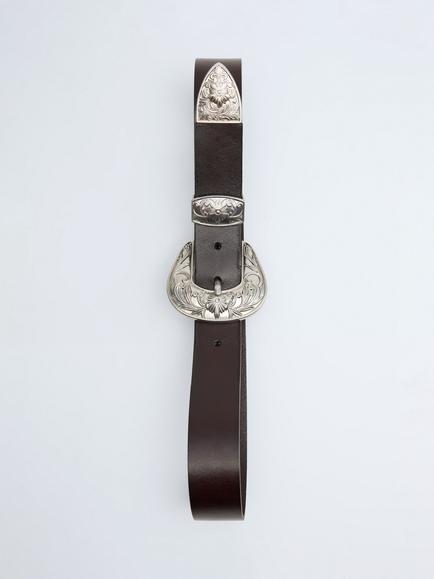 Mango Engraved Buckle Leather Belt, Chocolate - view 2, Chocolate