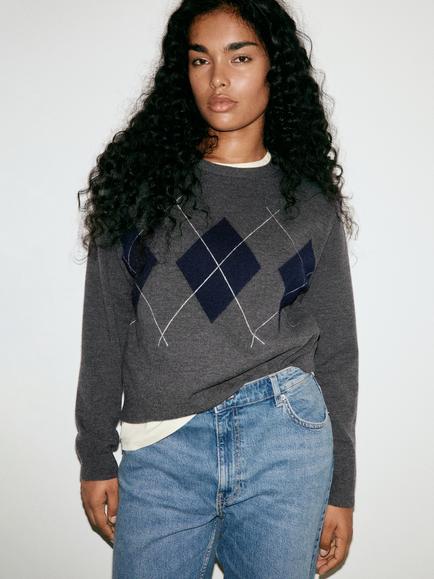 Mango Argyle Fine Knit Crew Neck Jumper, Mid Grey Melange, Mid Grey Melange